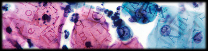 Colorful purple, blue, and black cancer cells stained in a pathology laboratory. Subtle alphabetic text floats in the background.